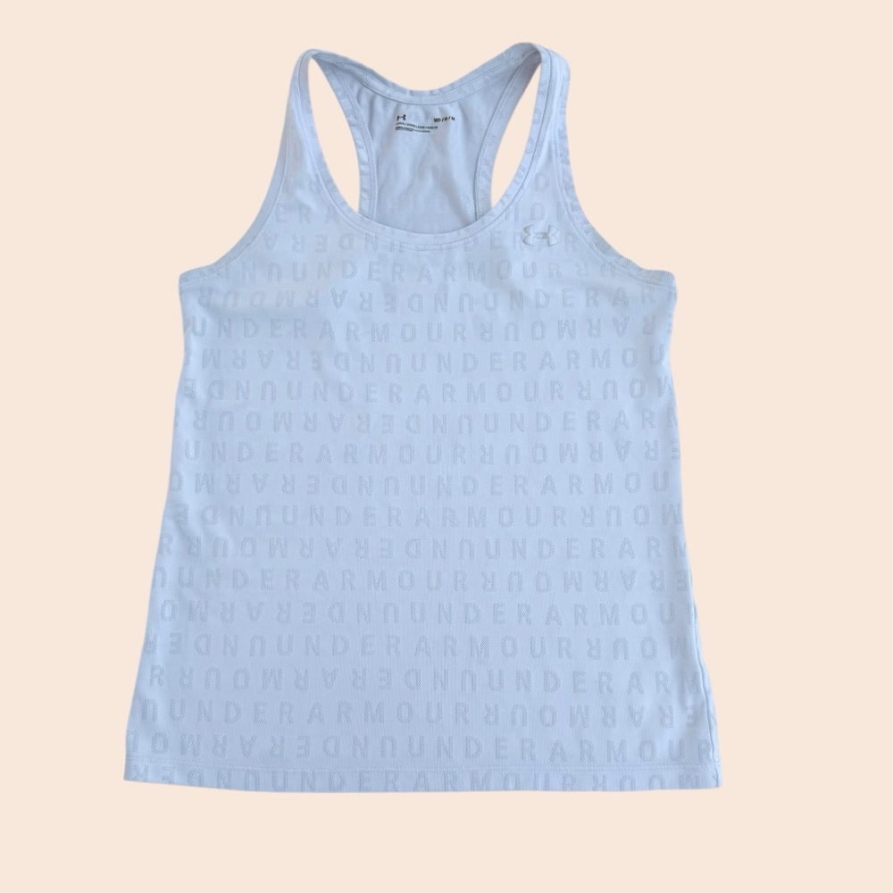 Women Under Armour Loose Fit Polyester Mesh Print Letters Tank Top Size M - Picture 2 of 5